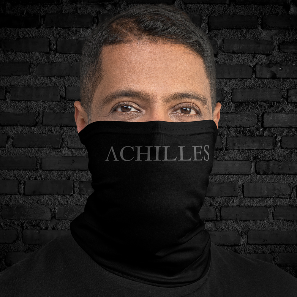 Front View of man wearing black Achilles Tactical Clothing Brand head face and neck tube printed with wolf grey Achilles Icon Logo design