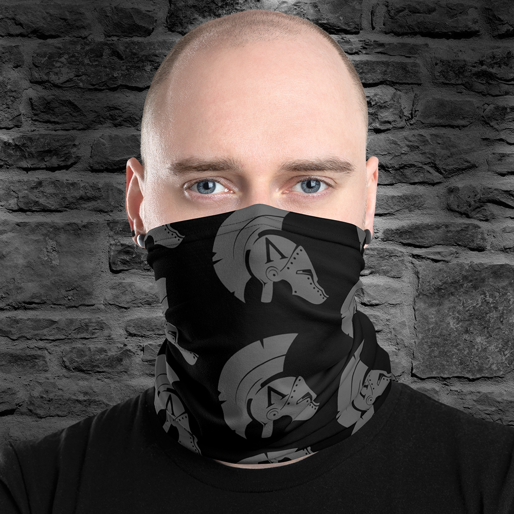 Front View of man wearing black Achilles Tactical Clothing Brand head face and neck tube printed with wolf grey repeating Achilles Helmet Icon Logo design