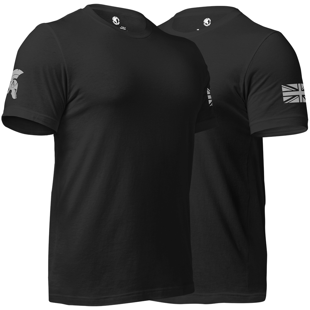 Left and Right view of Black short sleeve unisex fit cotton T-Shirt by Achilles Tactical Clothing Brand printed with Wolf Grey Saint Michael on Back and Achilles Helmet logo and Union Flag design on left and right Sleeves