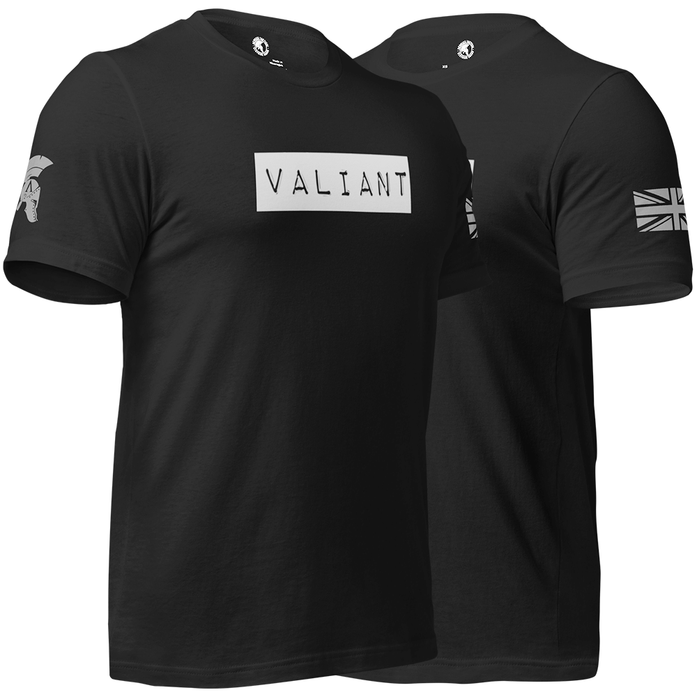 Front Right and Left view of Black short sleeve unisex fit cotton T-Shirt by Achilles Tactical Clothing Brand printed with Valiant wording design in Wolf Grey on left chest and Helmet logo and Union Flag design on left and right Sleeves