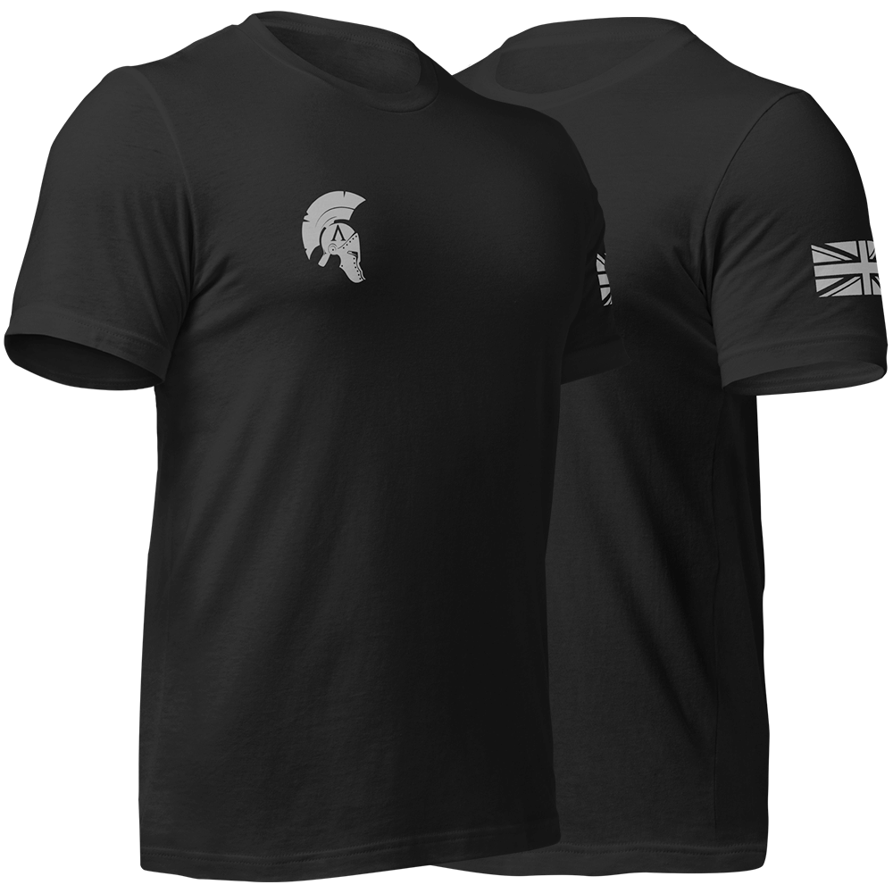Front right and left view of Black short sleeve unisex fit original cotton T-Shirt by Achilles Tactical Clothing Brand printed with Crayons & Coffee (AFO) Design across back