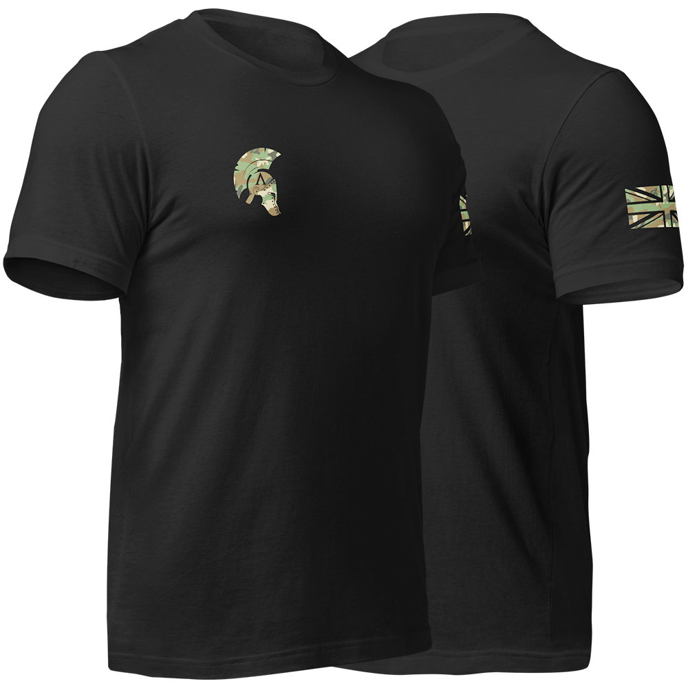 Front right and left view of Black short sleeve unisex fit original cotton T-Shirt by Achilles Tactical Clothing Brand printed with DPM Cam small Signature logo on right chest