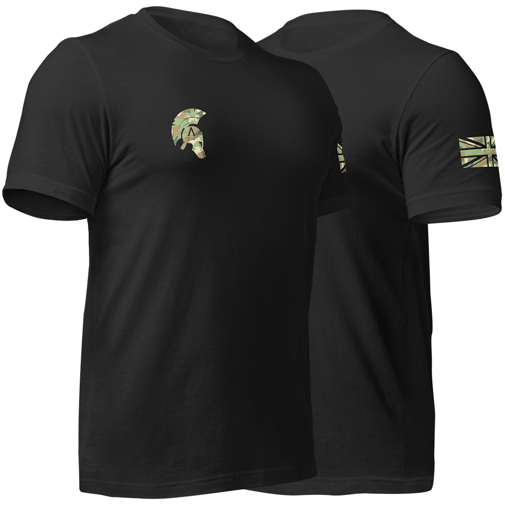 Front right and left view of Black short sleeve unisex fit original cotton T-Shirt by Achilles Tactical Clothing Brand printed with DPM Skull Design across back