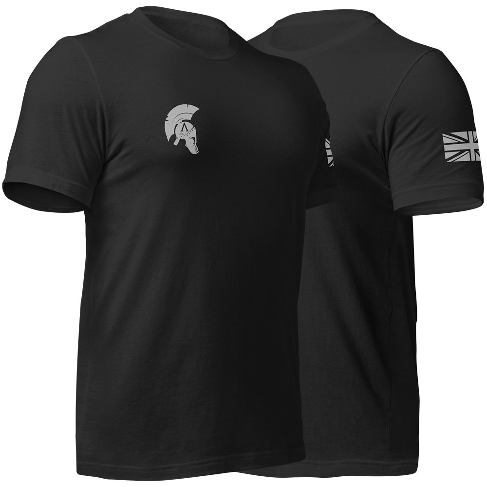 Front right and left view of Black short sleeve unisex fit original cotton T-Shirt by Achilles Tactical Clothing Brand printed with Gorilla Warfare design