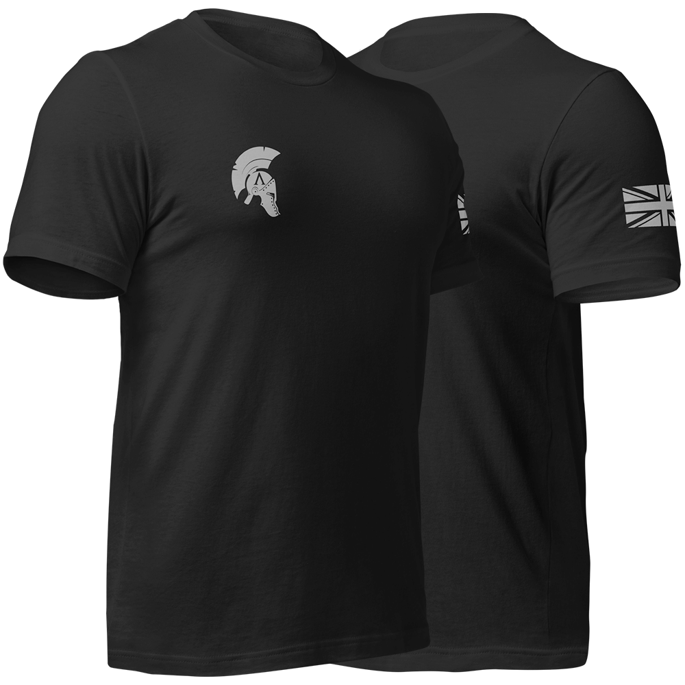 Front right and left view of Black short sleeve unisex fit original cotton T-Shirt by Achilles Tactical Clothing Brand printed with Large Another day in Paradise design across back