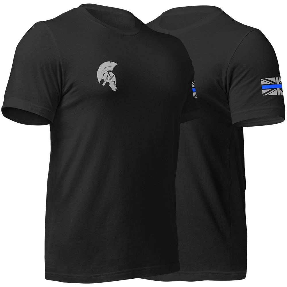 Front right and left view of Black short sleeve unisex fit original cotton T-Shirt by Achilles Tactical Clothing Brand printed with small Police Thin Blue Line logo on right chest