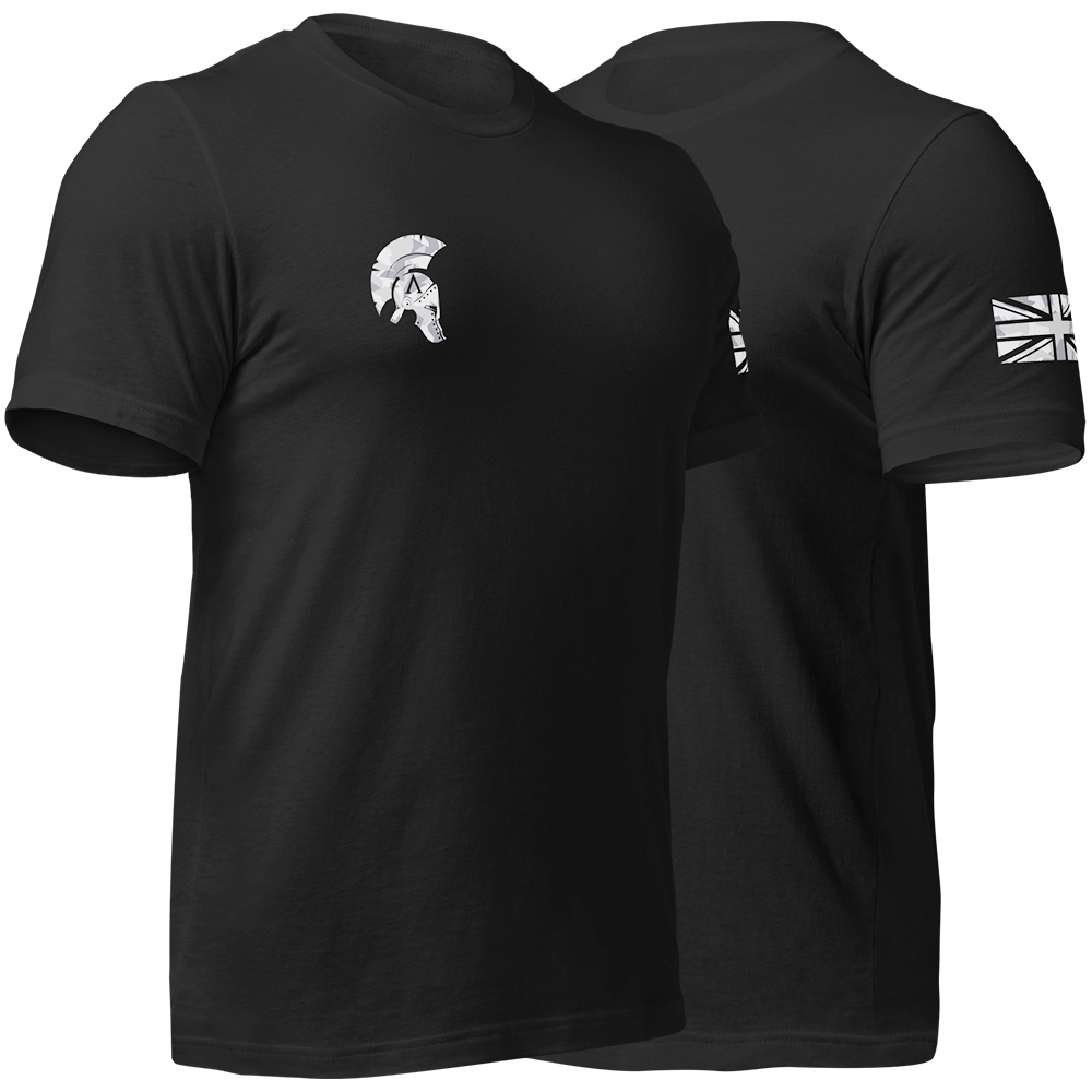 Front right and left view of Black short sleeve unisex fit original cotton T-Shirt by Achilles Tactical Clothing Brand printed with Geo grey Cam small Signature logo on right chest