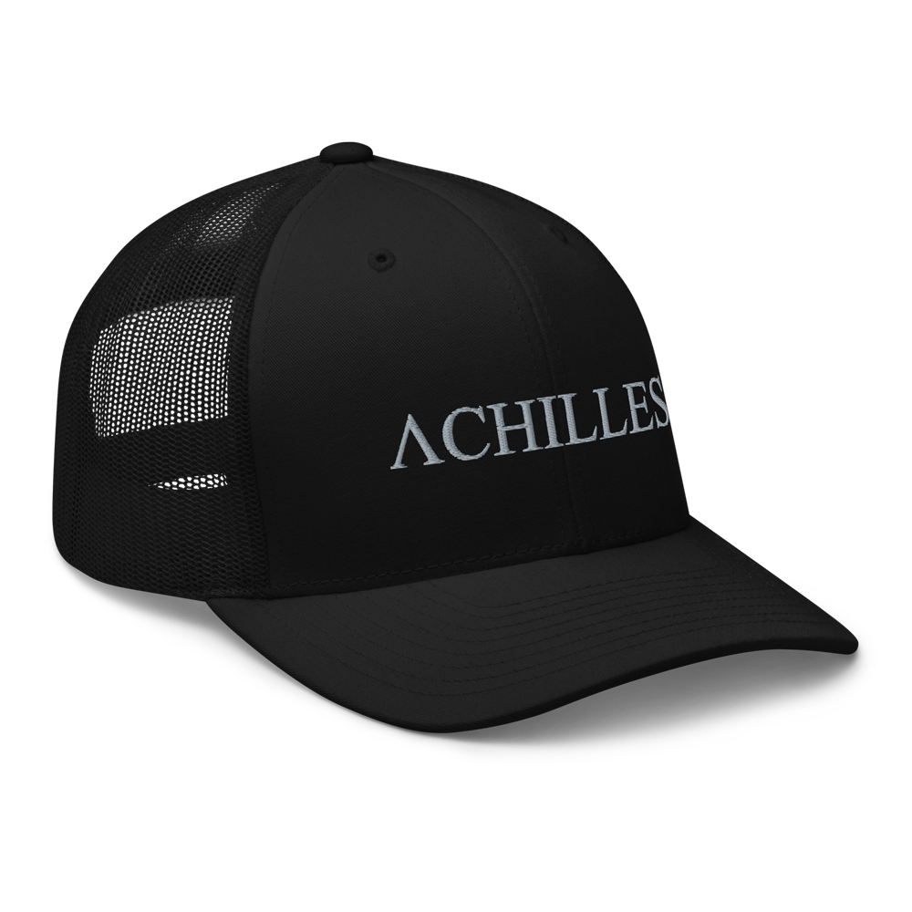 Front right view of Achilles mesh snap back embroidered achilles black cap