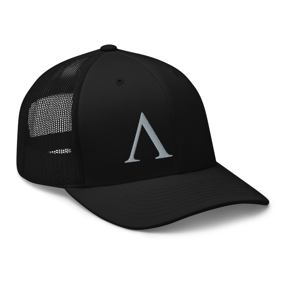 Front right view of Alpha mesh snap back embroidered achilles black cap