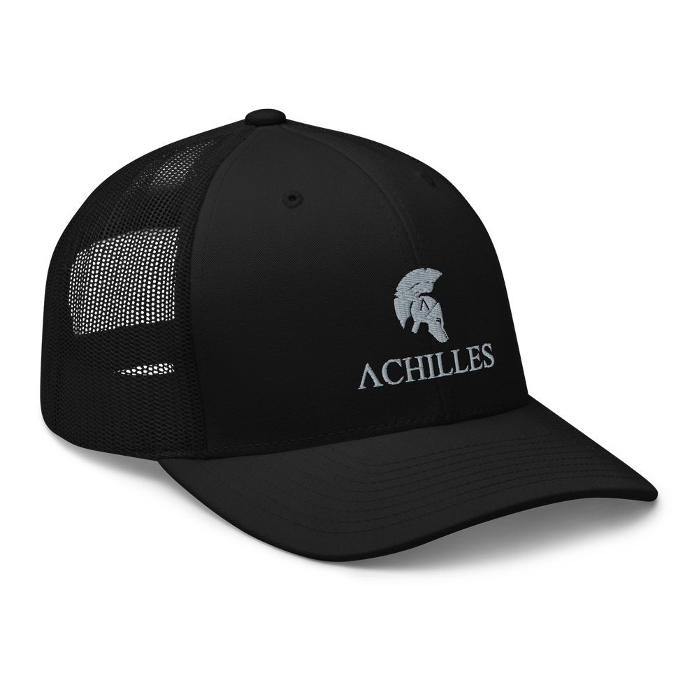 Front right view of Signature mesh snap back embroidered achilles black cap