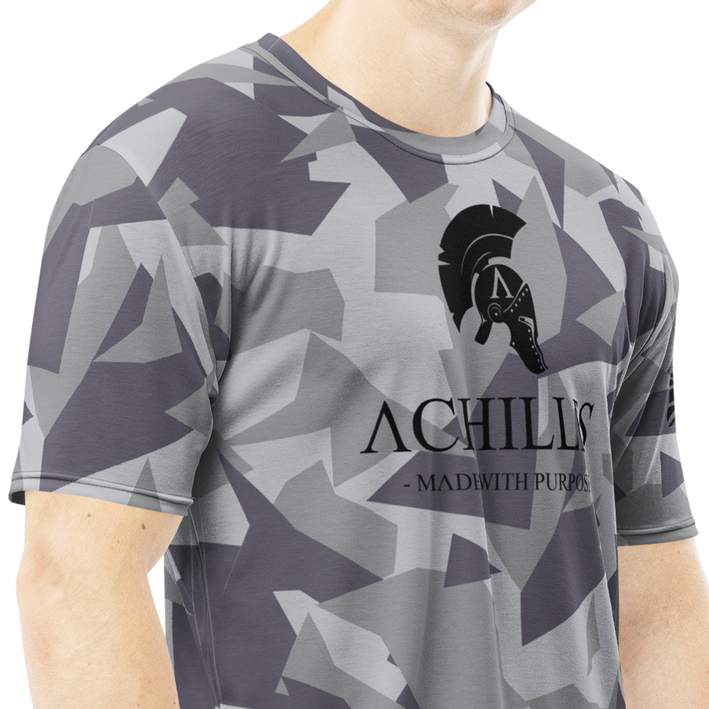 Front right view of man wearing Geo Grey Cam short sleeve unisex fit athletic Tee by Achilles Tactical Clothing Brand printed with black Signature design across chest