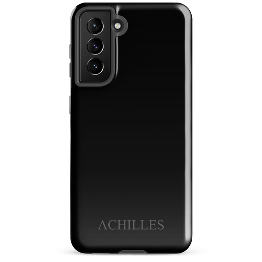 Front view of black Samsung tough phone case with Achilles Tactical Clothing Brand wording logo
