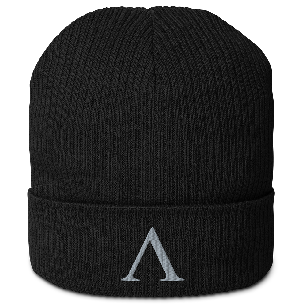Front view of black cotton organic ribbed beanie with Achilles Tactical Clothing Brand embroidered Alpha Logo in wolf grey