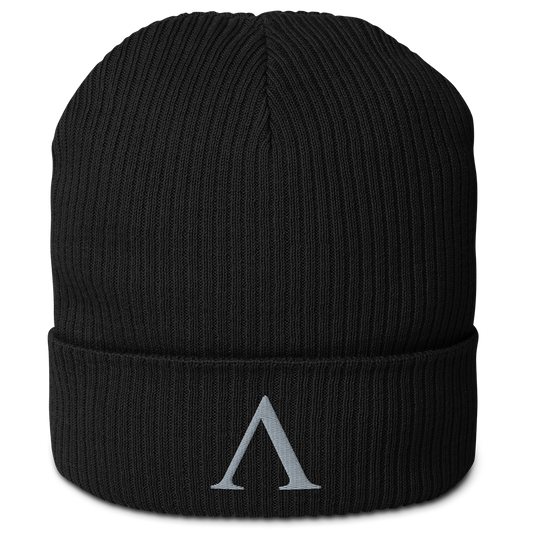 Front view of black cotton organic ribbed beanie with Achilles Tactical Clothing Brand embroidered Alpha Logo in wolf grey
