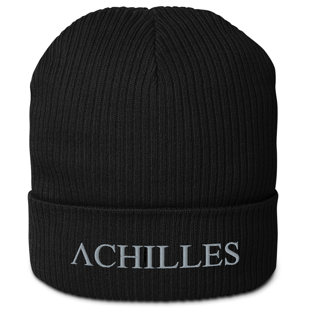 Front view of black cotton organic ribbed beanie with Achilles Tactical Clothing Brand embroidered Achilles wording logo in wolf grey