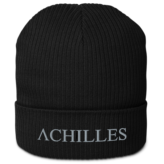 Front view of black cotton organic ribbed beanie with Achilles Tactical Clothing Brand embroidered Achilles wording logo in wolf grey