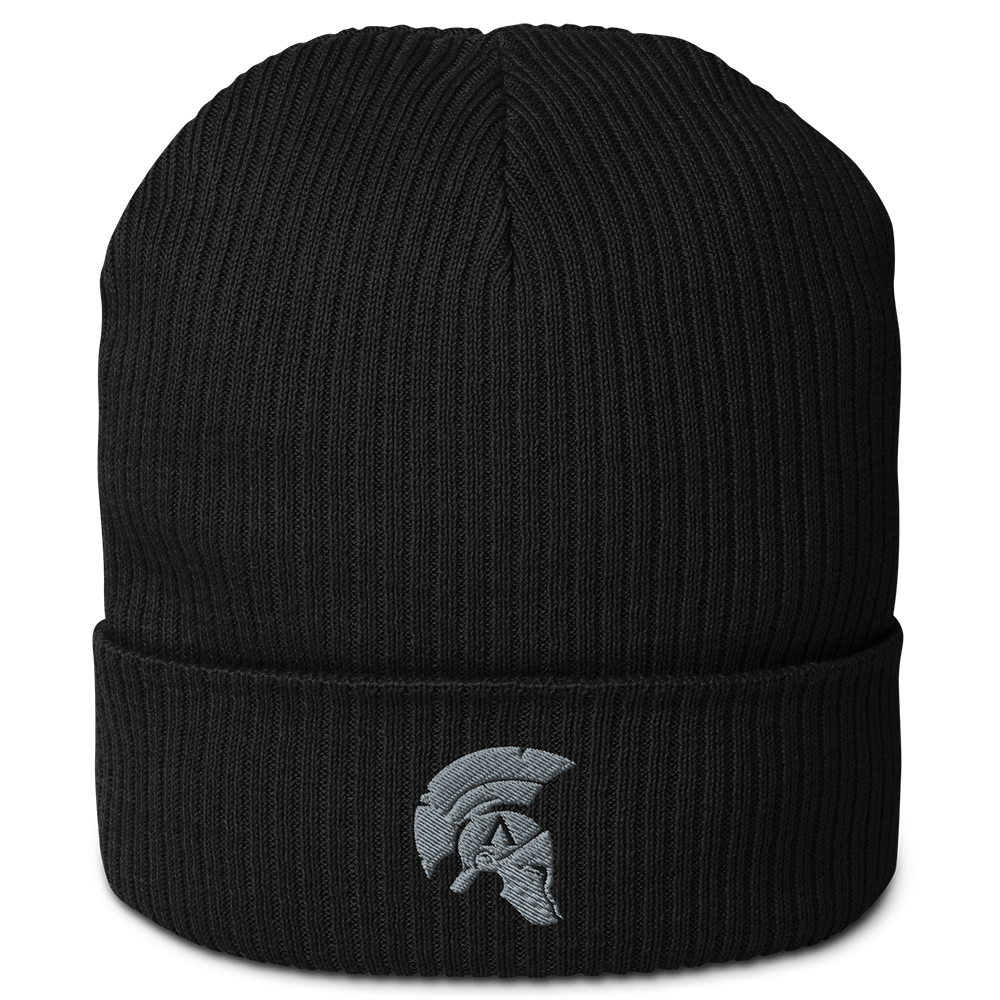 Front view of black cotton organic ribbed beanie with Achilles Tactical Clothing Brand embroidered helmet logo in wolf grey