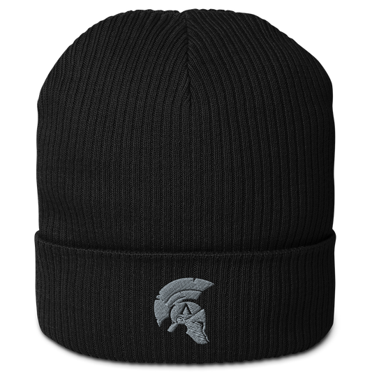 Front view of black cotton organic ribbed beanie with Achilles Tactical Clothing Brand embroidered helmet logo in wolf grey