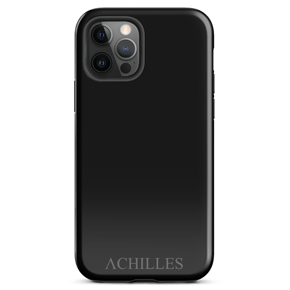 Front view of black iphone tough phone case with Achilles Tactical Clothing Brand wording logo
