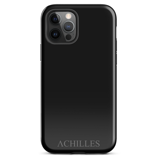 Front view of black iphone tough phone case with Achilles Tactical Clothing Brand wording logo