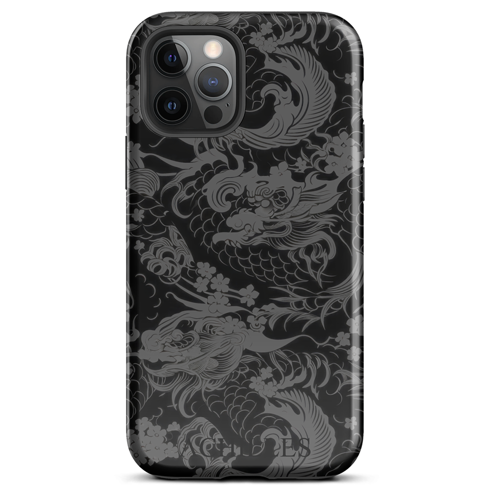 Front view of Grey Japanese iphone tough phone case with Achilles Tactical Clothing Brand wording logo