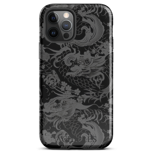 Front view of Grey Japanese iphone tough phone case with Achilles Tactical Clothing Brand wording logo