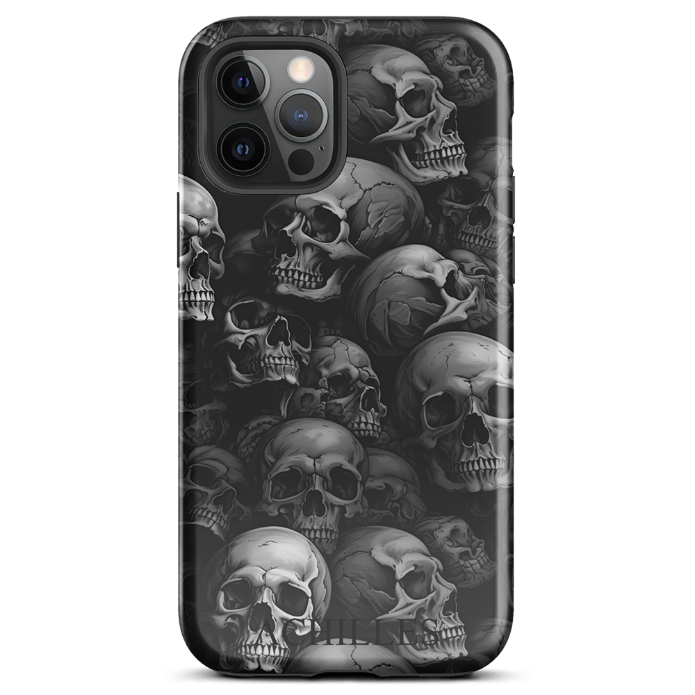Front view of Grey Skulls iphone tough phone case with Achilles Tactical Clothing Brand wording logo