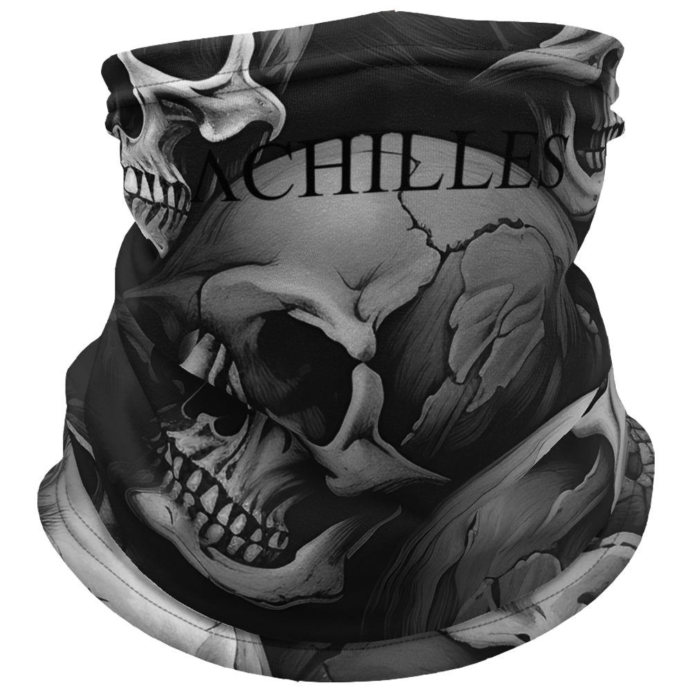 Front View of Skull Design Achilles Tactical Clothing Brand head face and neck tube printed with Black Achilles Icon Logo design