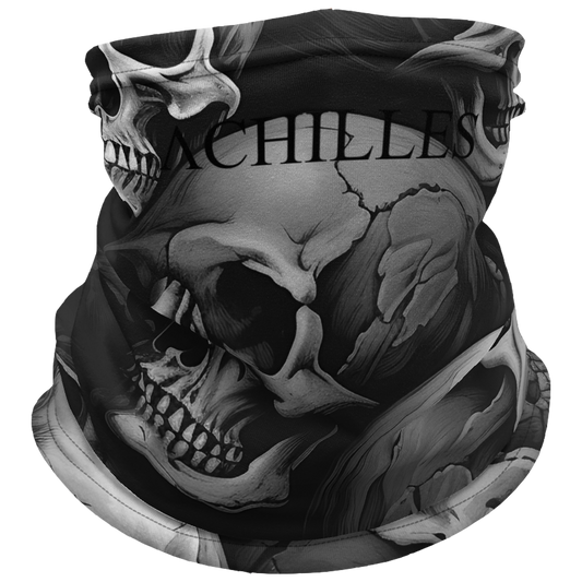 Front View of Skull Design Achilles Tactical Clothing Brand head face and neck tube printed with Black Achilles Icon Logo design