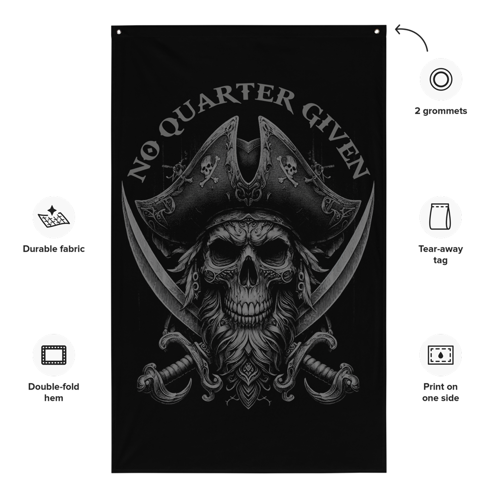 Front view of all over print vertical banner flag from Achilles Tactical Clothing Brand with No Quarter Given design with details