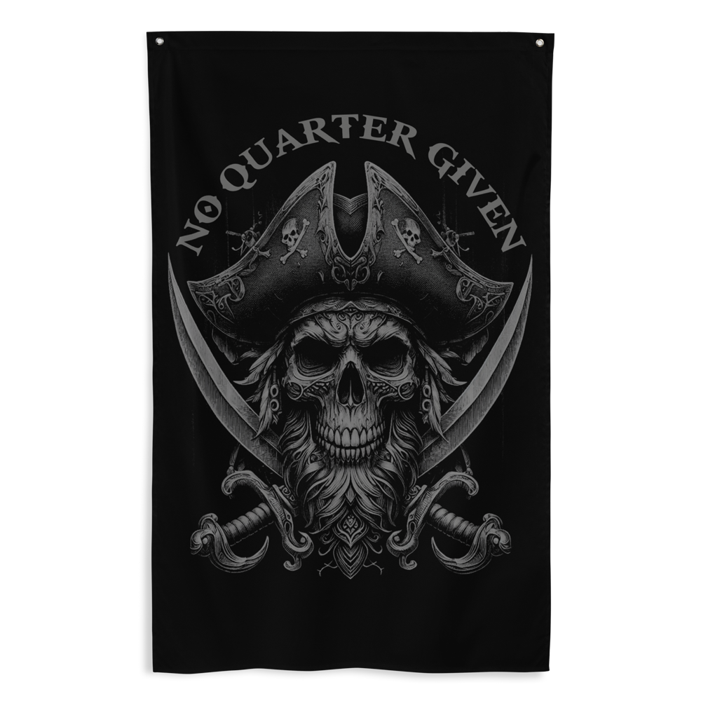 Front view of all over print vertical banner flag from Achilles Tactical Clothing Brand with No Quarter Given design