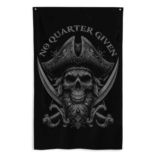 Front view of all over print vertical banner flag from Achilles Tactical Clothing Brand with No Quarter Given design