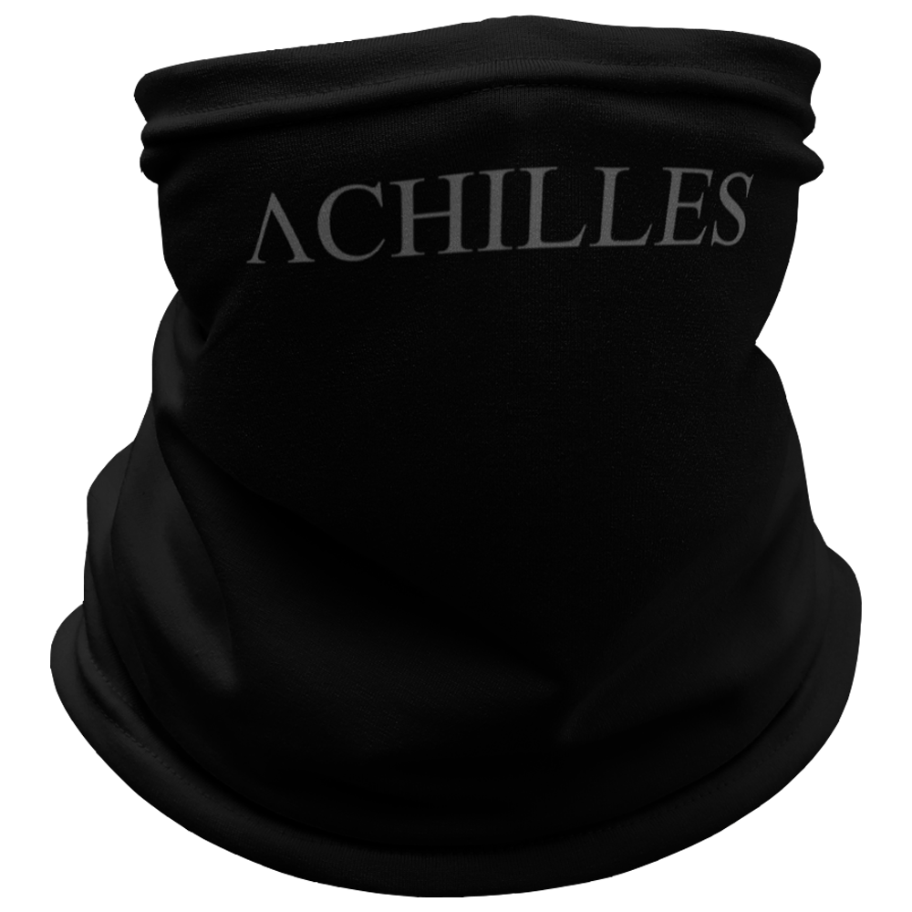 Front View of black Achilles Tactical Clothing Brand head face and neck tube printed with wolf grey Achilles Icon Logo design