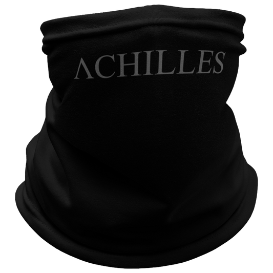 Front View of black Achilles Tactical Clothing Brand head face and neck tube printed with wolf grey Achilles Icon Logo design