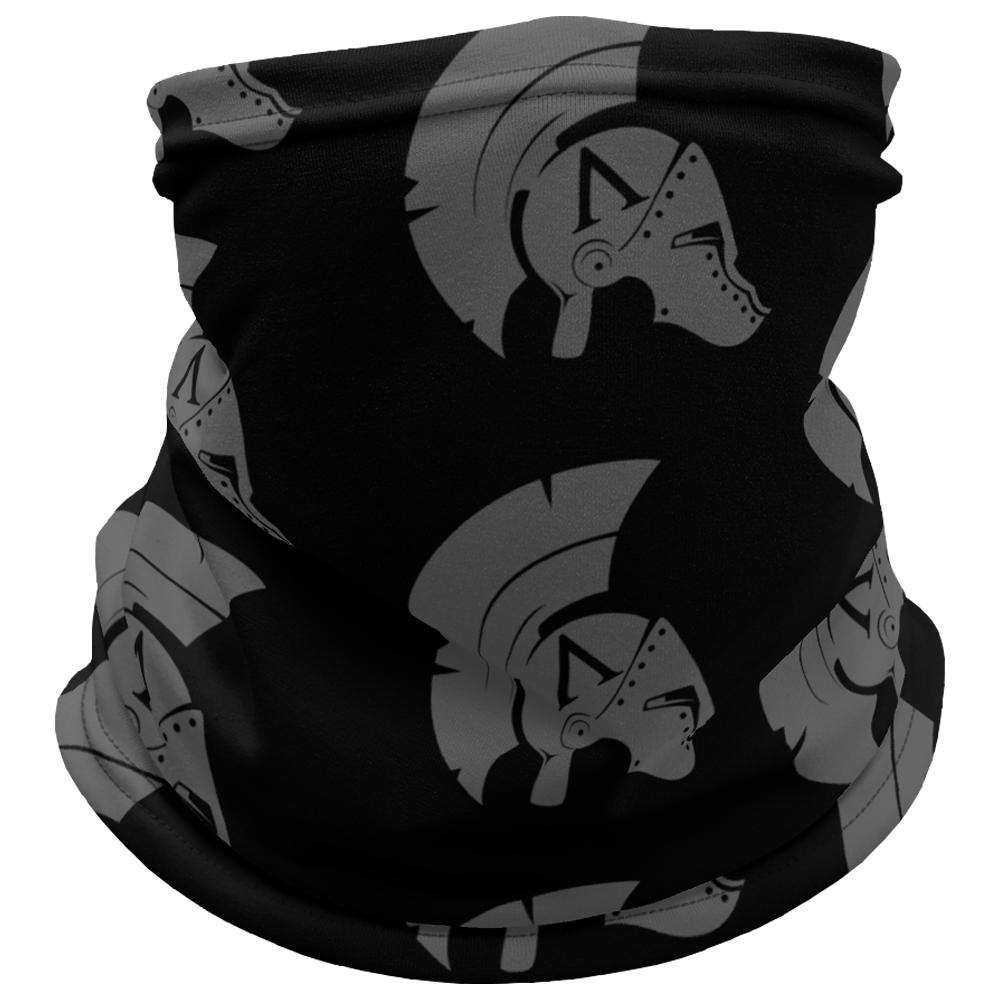 Front View of black Achilles Tactical Clothing Brand head face and neck tube printed with wolf grey repeating Achilles Helmet Icon Logo design