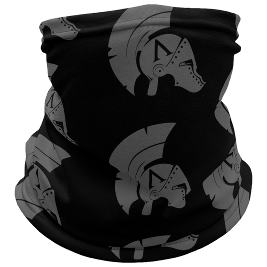 Front View of black Achilles Tactical Clothing Brand head face and neck tube printed with wolf grey repeating Achilles Helmet Icon Logo design