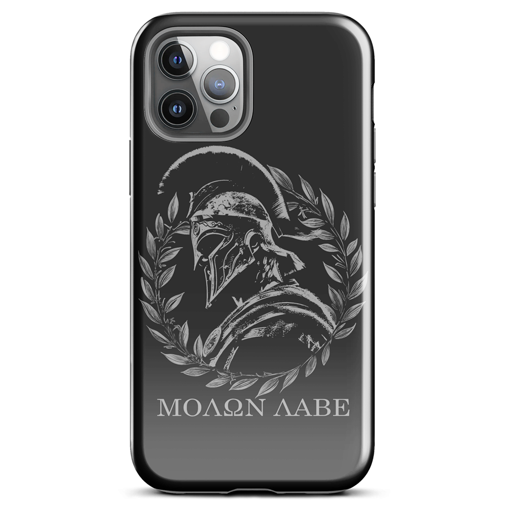 Front view of Molon Labe Spartan iphone tough phone case with Achilles Tactical Clothing Brand wording logo