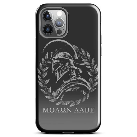 Front view of Molon Labe Spartan iphone tough phone case with Achilles Tactical Clothing Brand wording logo