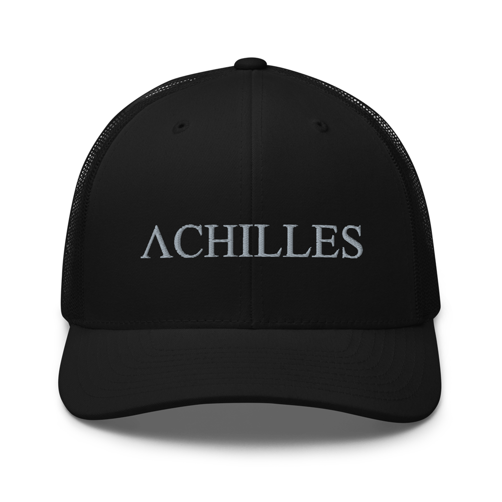 Front view of Achilles mesh snap back embroidered achilles black cap
