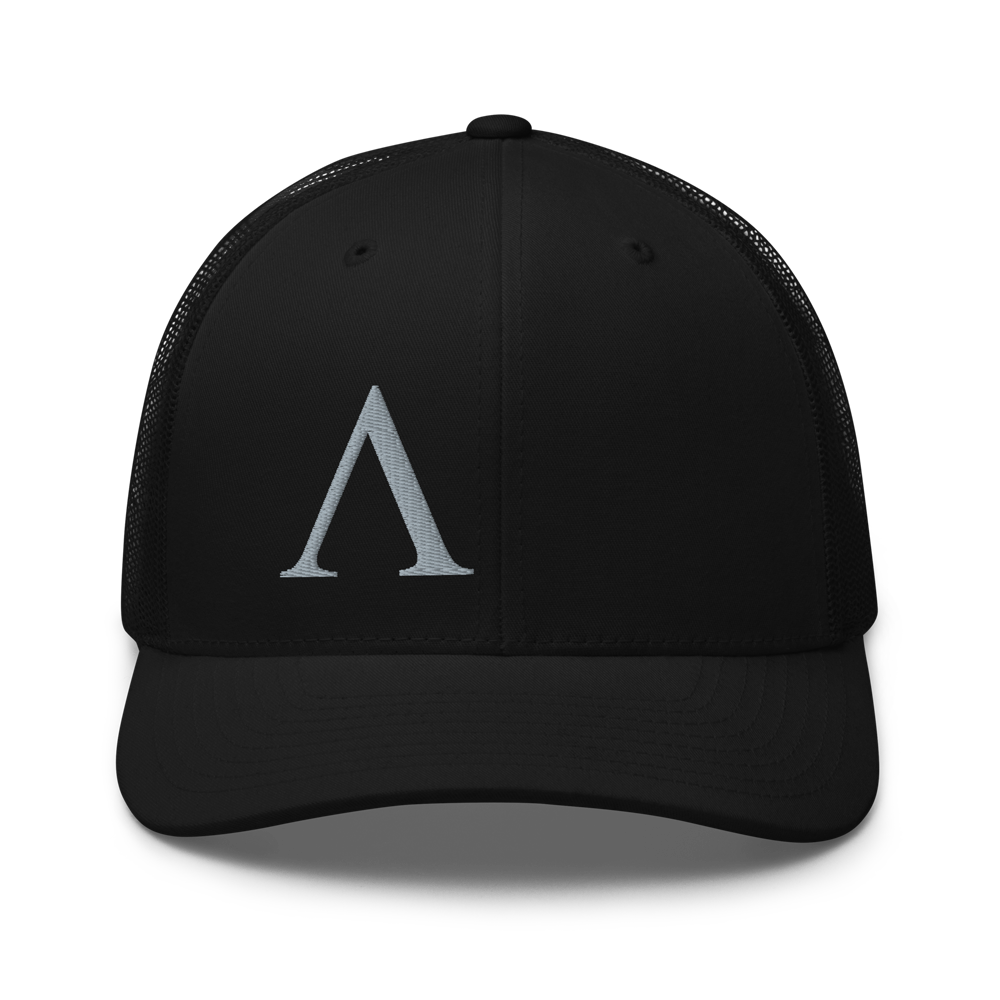 Front view of Alpha mesh snap back embroidered achilles black cap