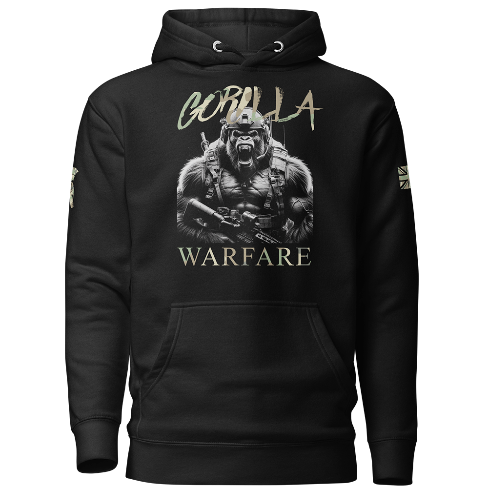 Front view of Black unisex fit hoodie by Achilles Tactical Clothing Brand with Gorilla warfare Design across chest