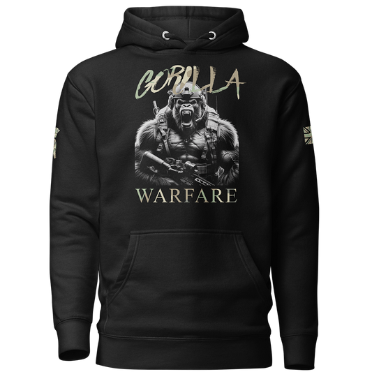 Front view of Black unisex fit hoodie by Achilles Tactical Clothing Brand with Gorilla warfare Design across chest