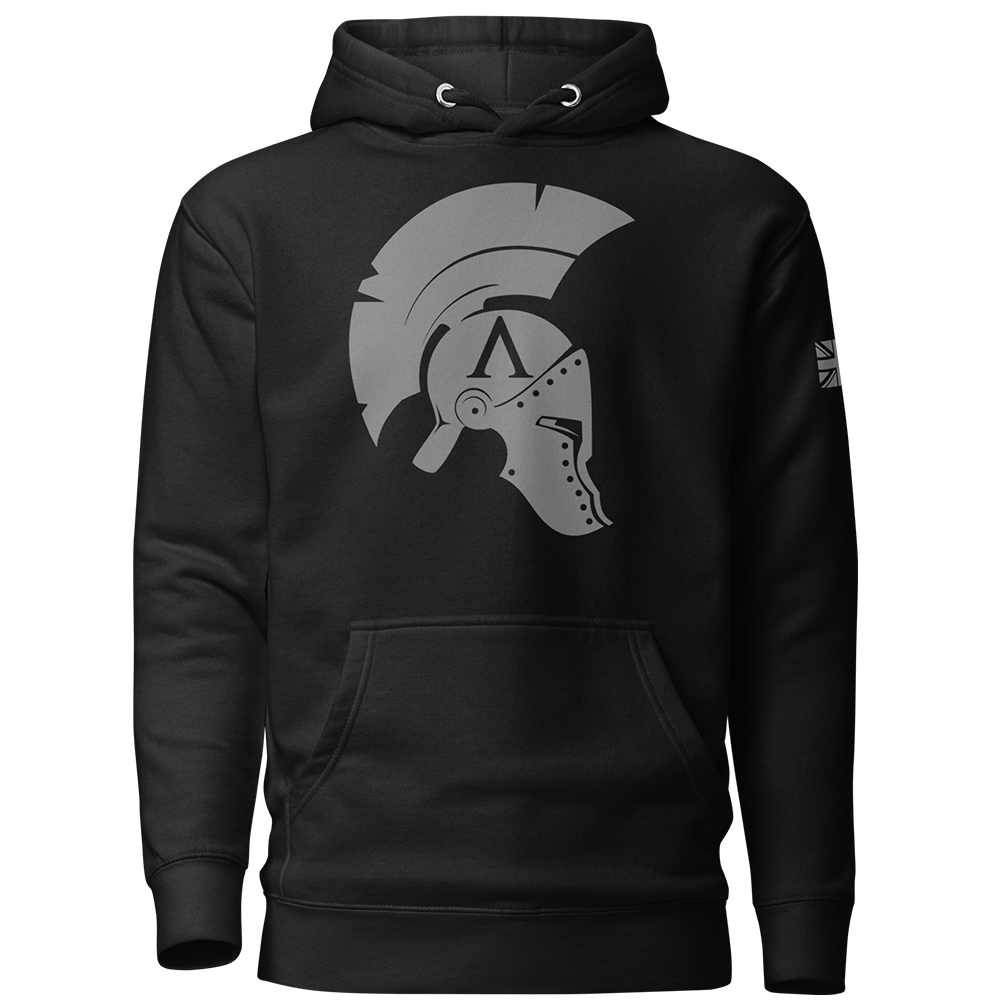 Front view of Black unisex fit hoodie by Achilles Tactical Clothing Brand with Wolf Grey Icon Design across chest