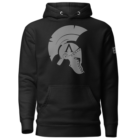 Front view of Black unisex fit hoodie by Achilles Tactical Clothing Brand with Wolf Grey Icon Design across chest
