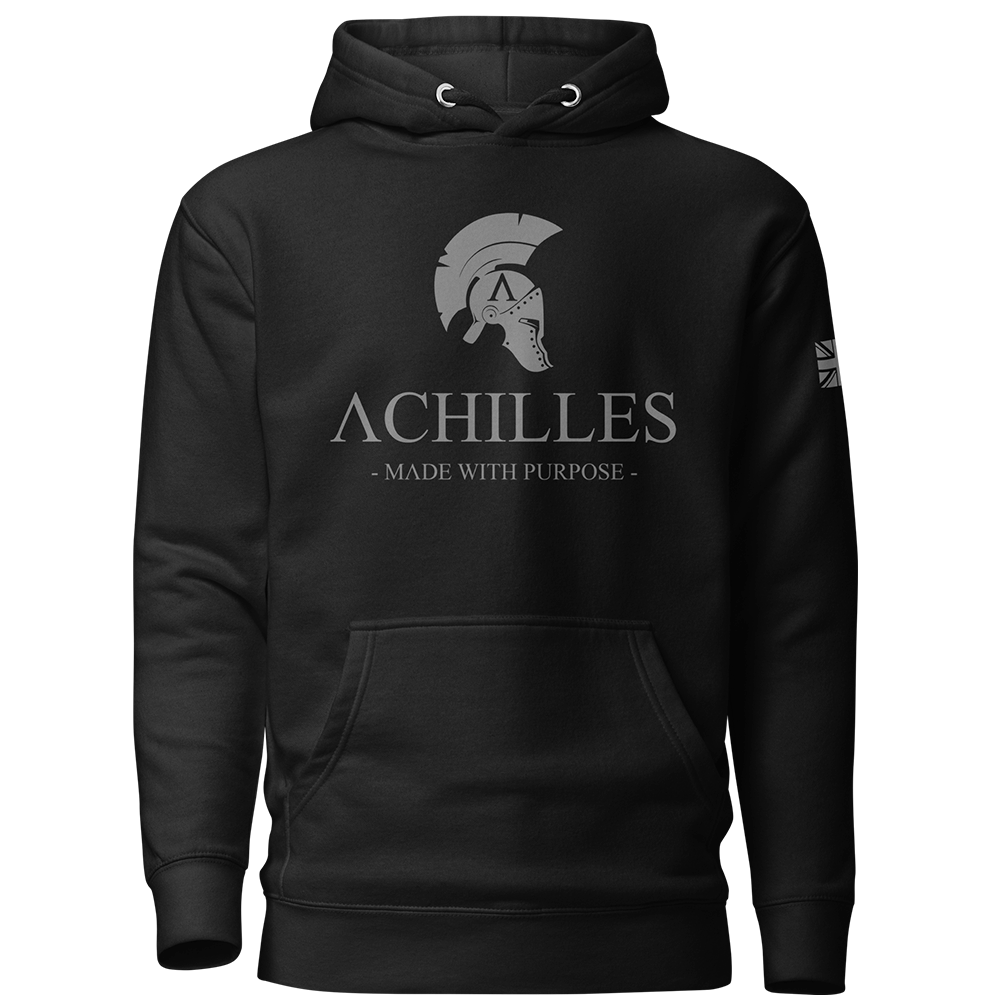Front view of Black unisex fit hoodie by Achilles Tactical Clothing Brand with Wolf Grey Signature Design across chest