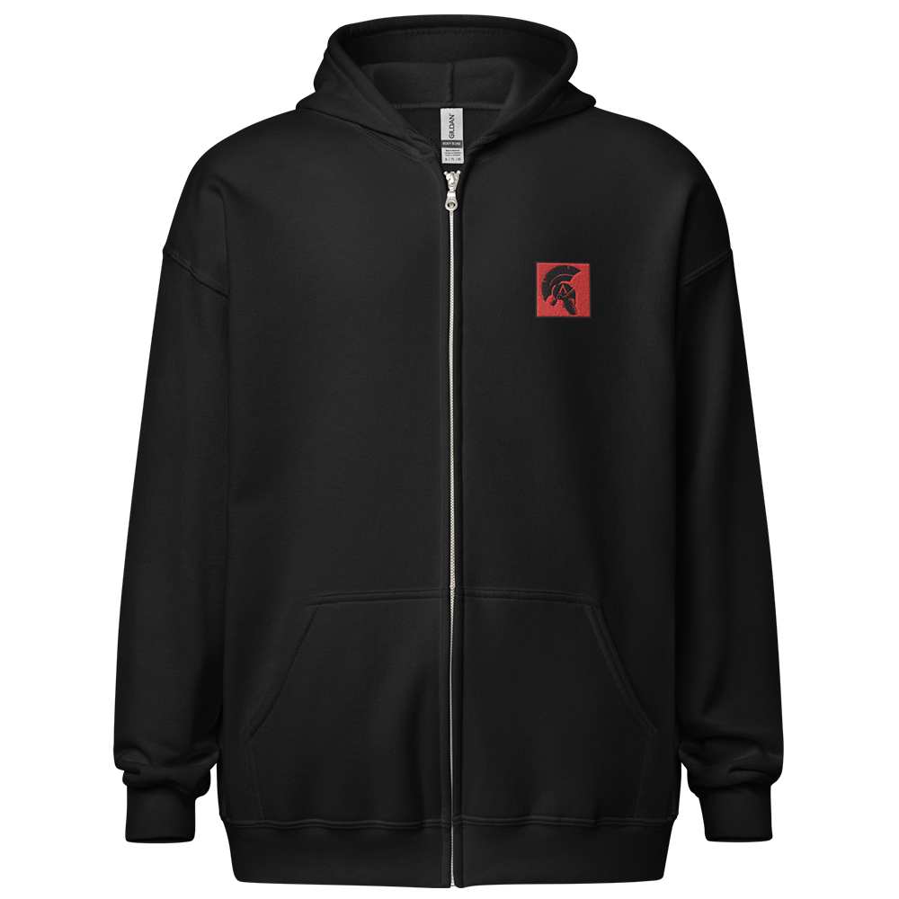 Front of Black unisex fit zipper hoodie by Achilles Tactical Clothing Brand with State red square achilles helmet logo on left chest