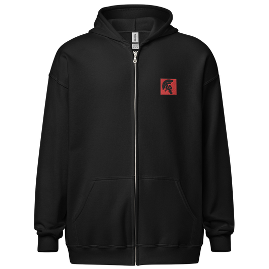 Front of Black unisex fit zipper hoodie by Achilles Tactical Clothing Brand with State red square achilles helmet logo on left chest