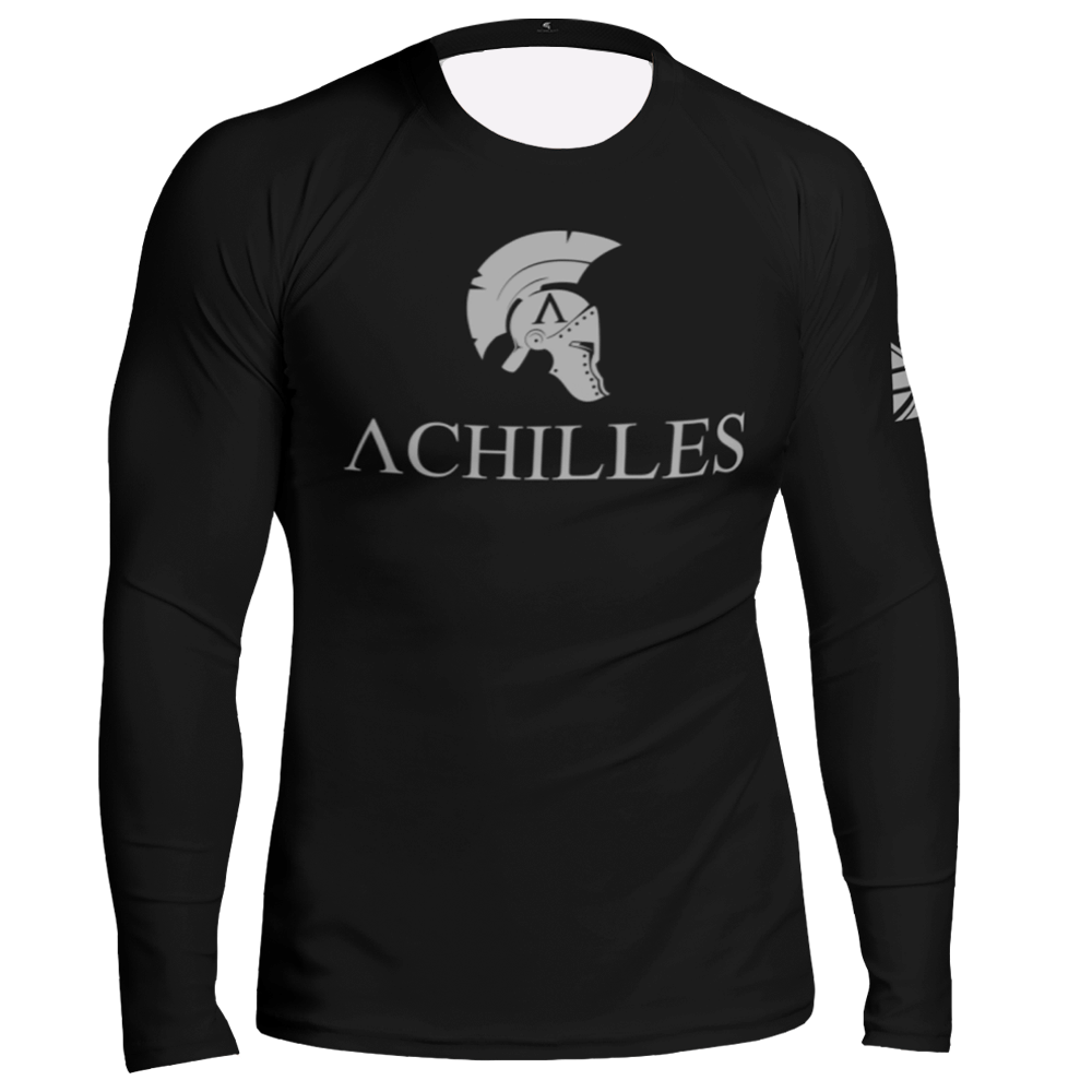 Front view of black long sleeve rash guard by Achilles Tactical Clothing Brand with Signature design in grey