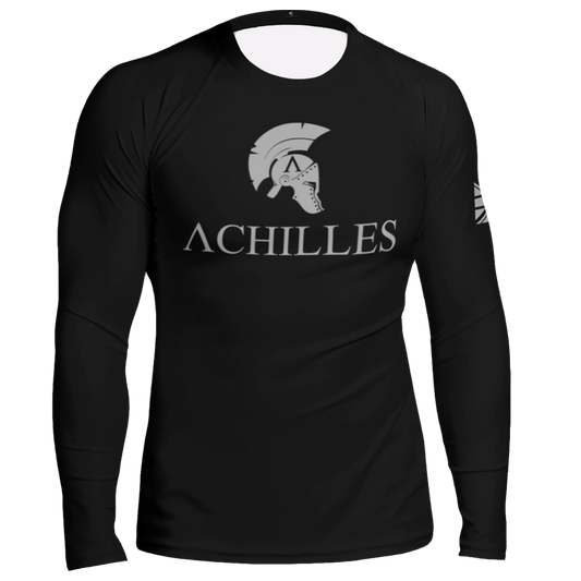 Front view of black long sleeve rash guard by Achilles Tactical Clothing Brand with Signature design in grey