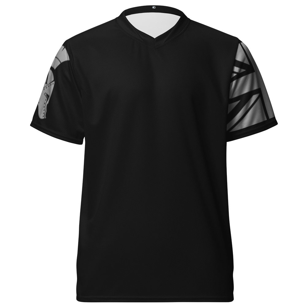 Front view of Black short sleeve unisex fit performance jersey by Achilles Tactical Clothing Brand printed with Wolf grey Achilles Helmet Logo and Union flag on sleeves